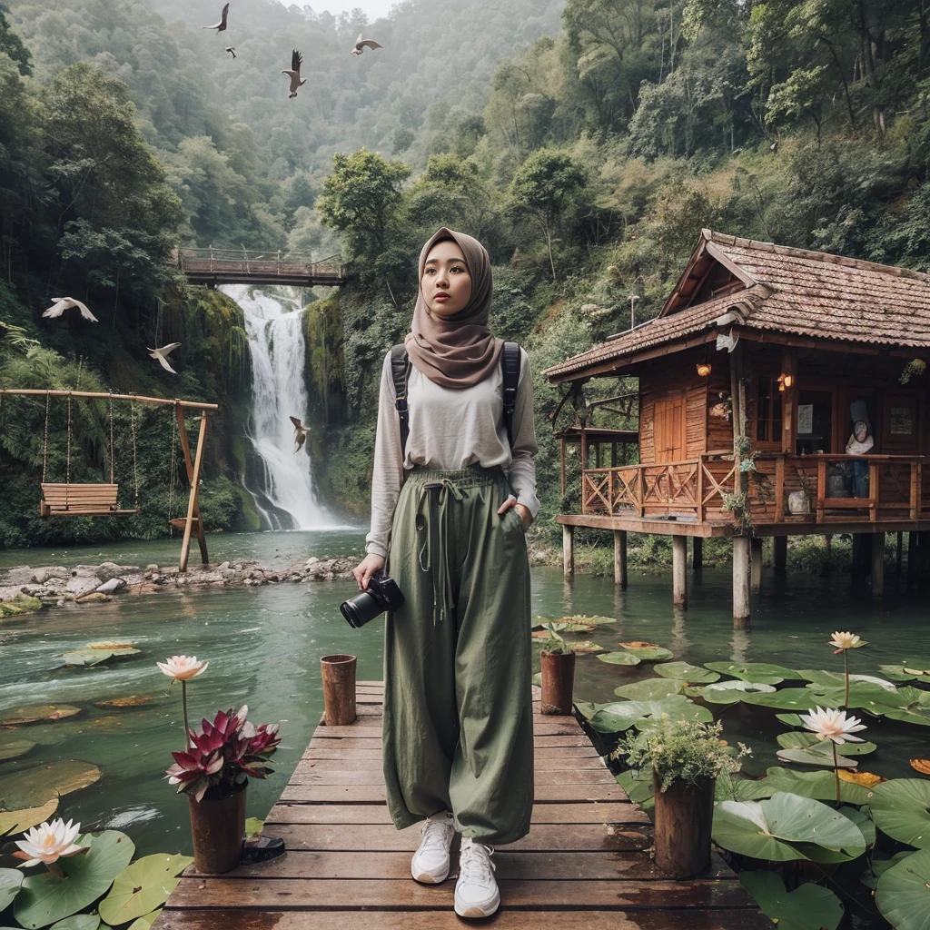 make an original photo of a beautiful young Malay woman with a clean and soft face,Wear long clothes ,casual pants ,Hijab , wearing sneakers ,standing pose /walking full body while holding the camera 📷,beautiful natural scenery background, river, waterfall , log cabin, bridge,river air bening ,there are green plants,flower ,red betel plant, Lotus , there is a swing ,flying bird, realistis HD high-quality photography, high focus, long shoot cinematic,32k. 