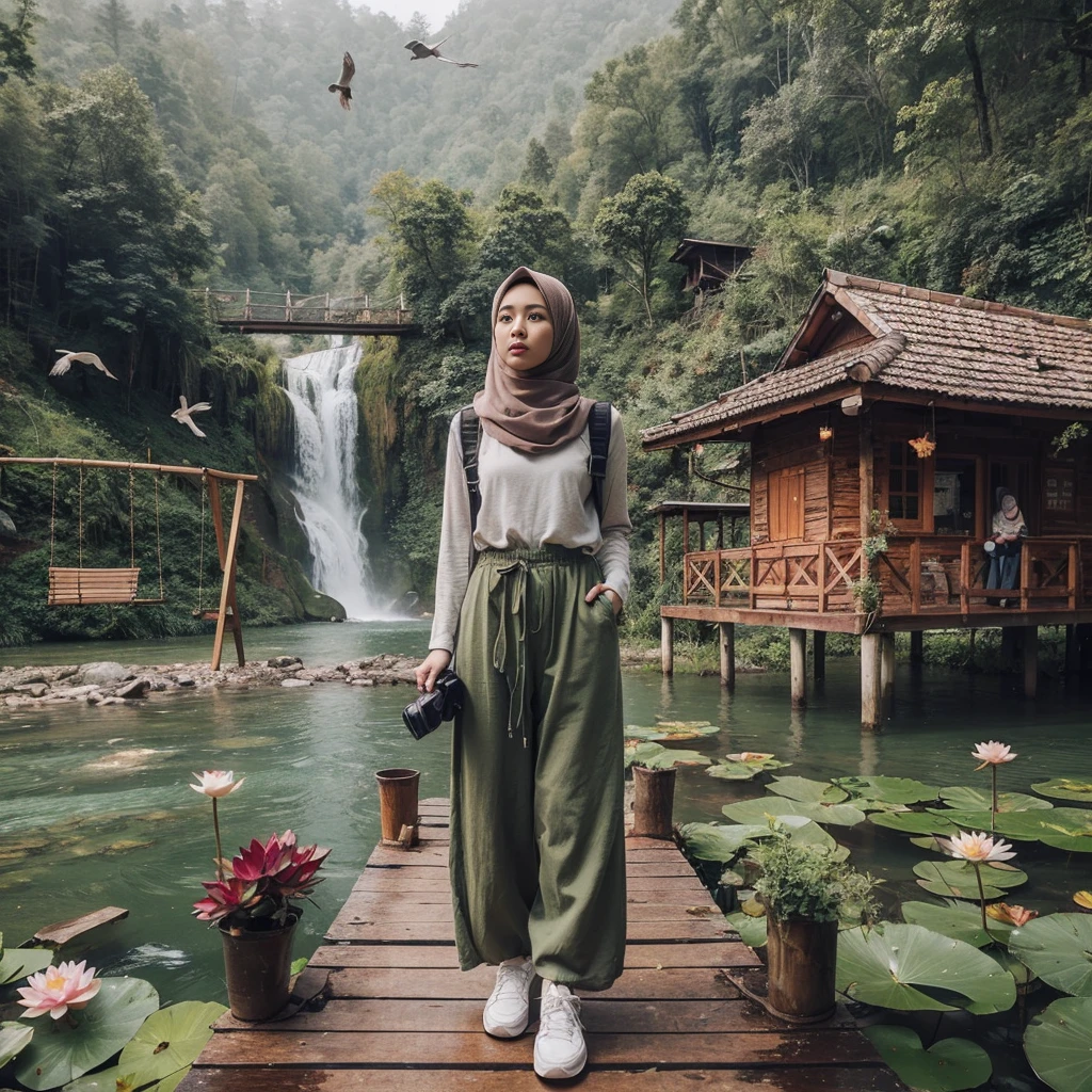 make an original photo of a beautiful young Malay woman with a clean and soft face,Wear long clothes ,casual pants ,Hijab , wearing sneakers ,standing pose /walking full body while holding the camera 📷,beautiful natural scenery background, river, waterfall , log cabin, bridge,river air bening ,there are green plants,flower ,red betel plant, Lotus , there is a swing ,flying bird, realistis HD high-quality photography, high focus, long shoot cinematic,32k. 