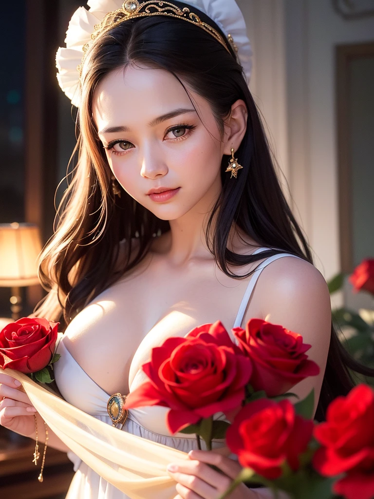 40age、Wizard、fortune teller、Realistic semi-close portrait image of curious woman retro 60s nostalgia, Prime Time,40age, 35mm Female Portrait. magician、Carefree happy joy bokeh background. Quiet aesthetics. Soft lighting. Artistic lighting. Feminine elegance.Facing forward、Photo of your face、The background is red roses