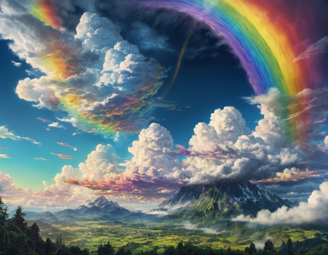 8K, 超High resolution, High resolution, Cinematic, Cinematic image, Intricate details, Realistic, photograph,
Fantasy art style, Mysterious, In the clouds、虹がたくさんIn the cloudsでかかっている、Only clouds and rainbows、
Vibrant Style, Flowing and intermingling colors. Airbrush painting.