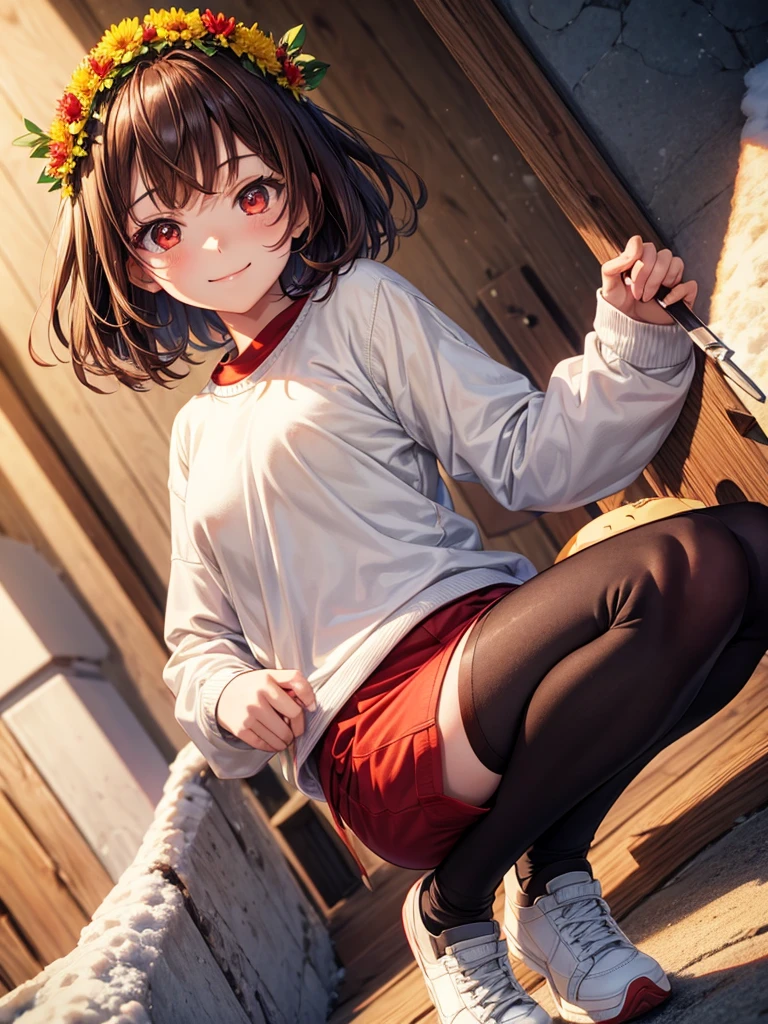 Anime, 1girl, brown hair, short hair, red eyes, green sweater, white shirt, brown shorts, red shoes, black tights, red knife, yellow flower crown, slight smile, snow,