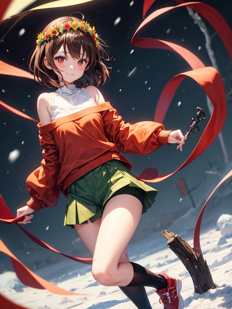 Anime, 1girl, brown hair, short hair, red eyes, green sweater, white shirt, brown shorts, red shoes, black tights, red knife, yellow flower crown, slight smile, snow,