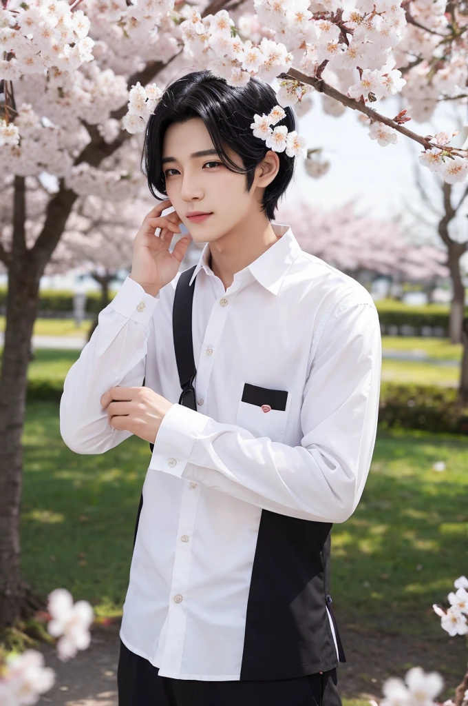 good looking　male　Black Hair　white　cherry blossoms