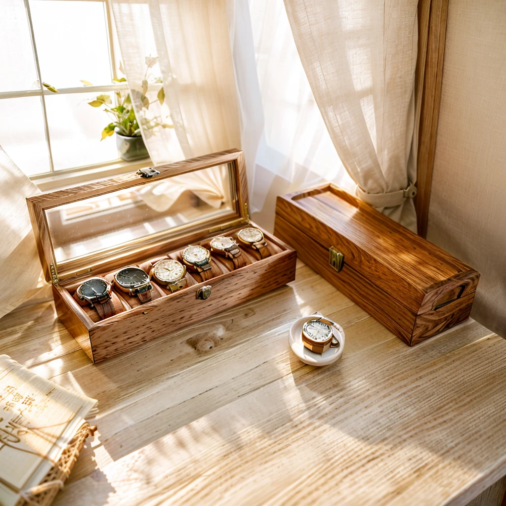 In this cozy room，A ray of sunlight shone through the half-drawn curtains on the table，Let the wood grain on the watch storage box shine with a faint luster。There was a calm and peaceful atmosphere in the air around them。There are several still lifes hanging on the walls of the room，It adds a touch of elegance to the space。And on the other side of the room，The half-open window lets in the breeze，The pages on the small desk by the window turned in the wind，This quiet scene gives a sense of tranquility and comfort。


