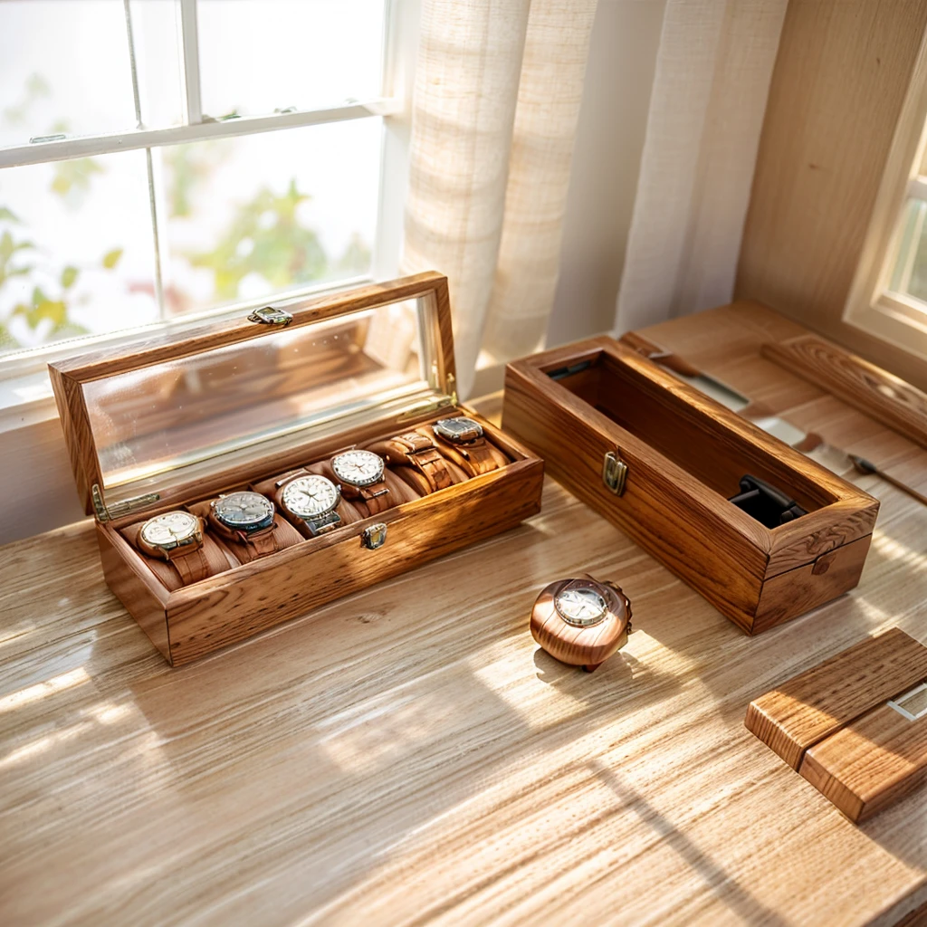 In this cozy room，A ray of sunlight shone through the half-drawn curtains on the table，Let the wood grain on the watch storage box shine with a faint luster。There was a calm and peaceful atmosphere in the air around them。There are several still lifes hanging on the walls of the room，It adds a touch of elegance to the space。And on the other side of the room，The half-open window lets in the breeze，The pages on the small desk by the window turned in the wind，This quiet scene gives a sense of tranquility and comfort。



