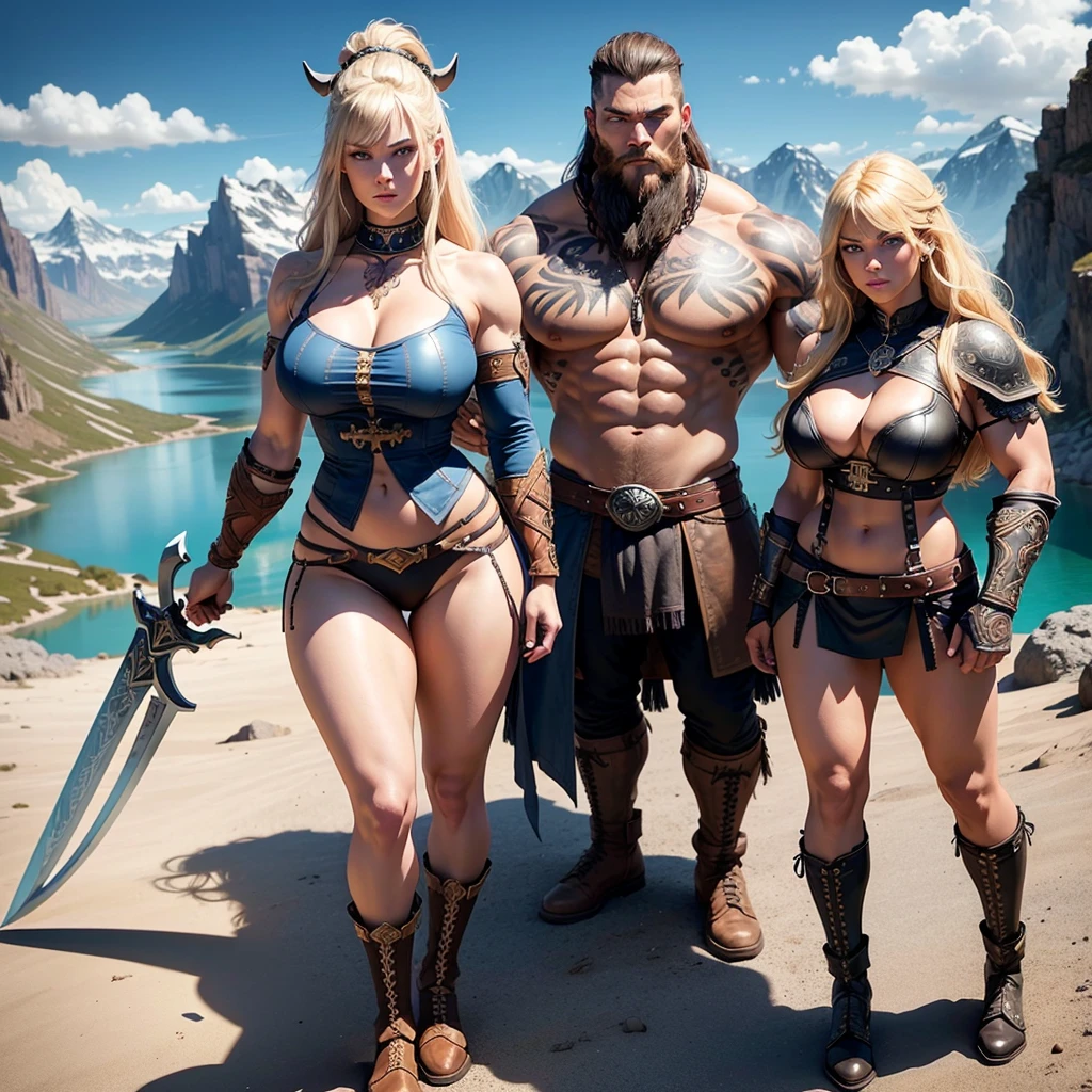 Black Viking left arm tattoo design, a full body muscular viking man, and beautiful blond woman showing big busty without clouds, muscular legs, holding big sword with right hand, brown hair divided with bangs, perfect realistic blue eyes, wearing warrior leather shoes, wearing warrior boots, lake and mountains in the background.