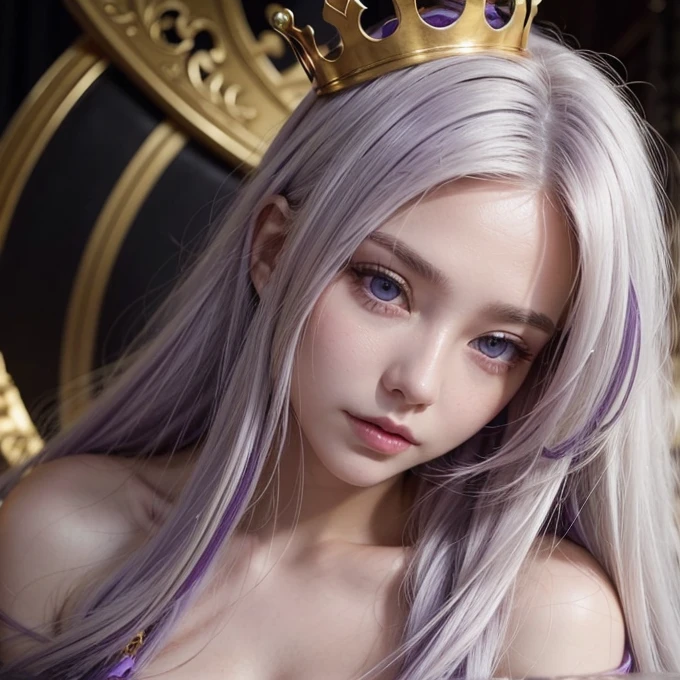 Woman, long white hair with purple stripes, Golden Crown, red eyes, wearing bikini