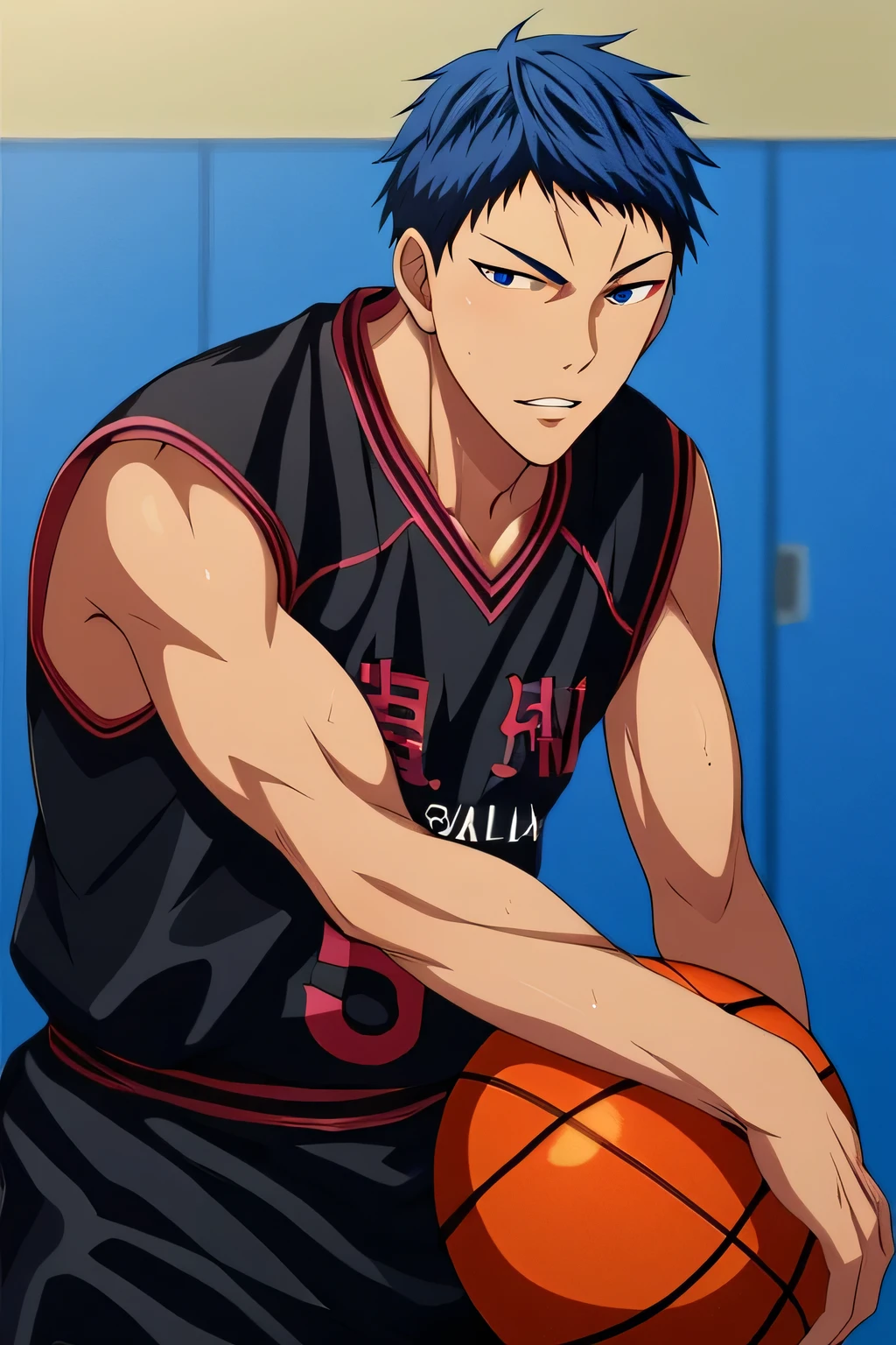 score_9, score_8_up, score_7_up, score_6_up, detailed, ,source_anime, male focus daiki aomine, blue hair, blue eyes, basketball, black sportwear, basketball uniform, ,