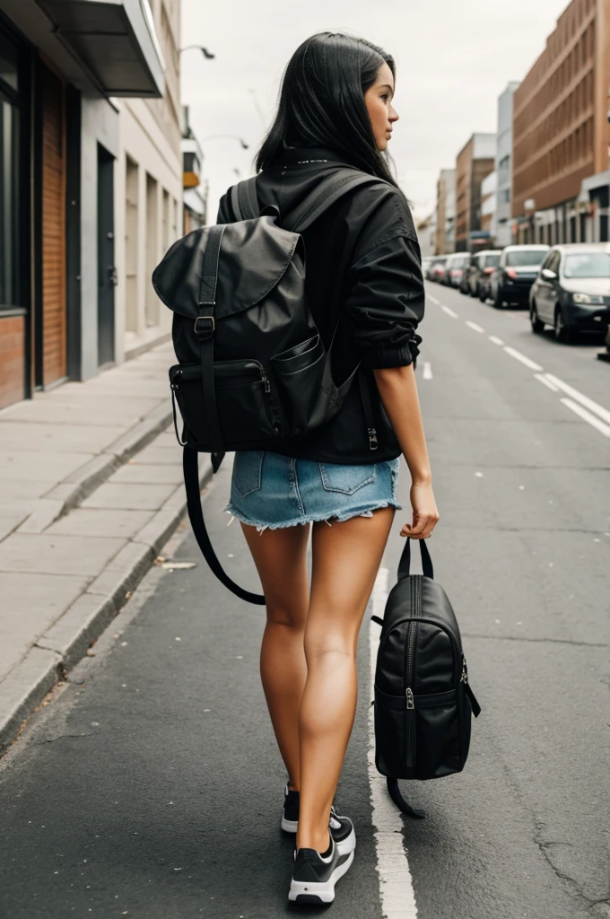 Woman walking with a black backpack