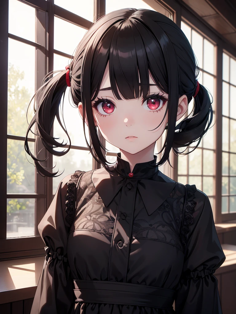 (8K, Best Quality, Masterpiece, Ultra High Resolution) Girl Toddler, Short, Beautiful Eyes, Face Details, Black Hair, Pigtails, Hair Bangs, Red Eyes, Pale Skin, Short Formal Dress, Cute Black Dress, Dimly Lit Japanese House, Masterpiece, Best Quality, Upper Body, Looking at the Viewer, Close Up