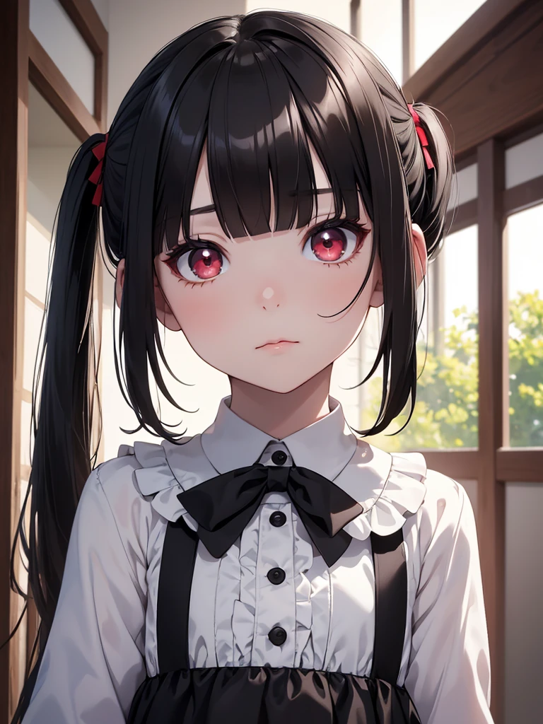(8K, Best Quality, Masterpiece, Ultra High Resolution) Girl Toddler, Short, Beautiful Eyes, Face Details, Black Hair, Pigtails, Hair Bangs, Red Eyes, Pale Skin, Short Formal Dress, Cute Black Dress, Dimly Lit Japanese House, Masterpiece, Best Quality, Upper Body, Looking at the Viewer, Close Up