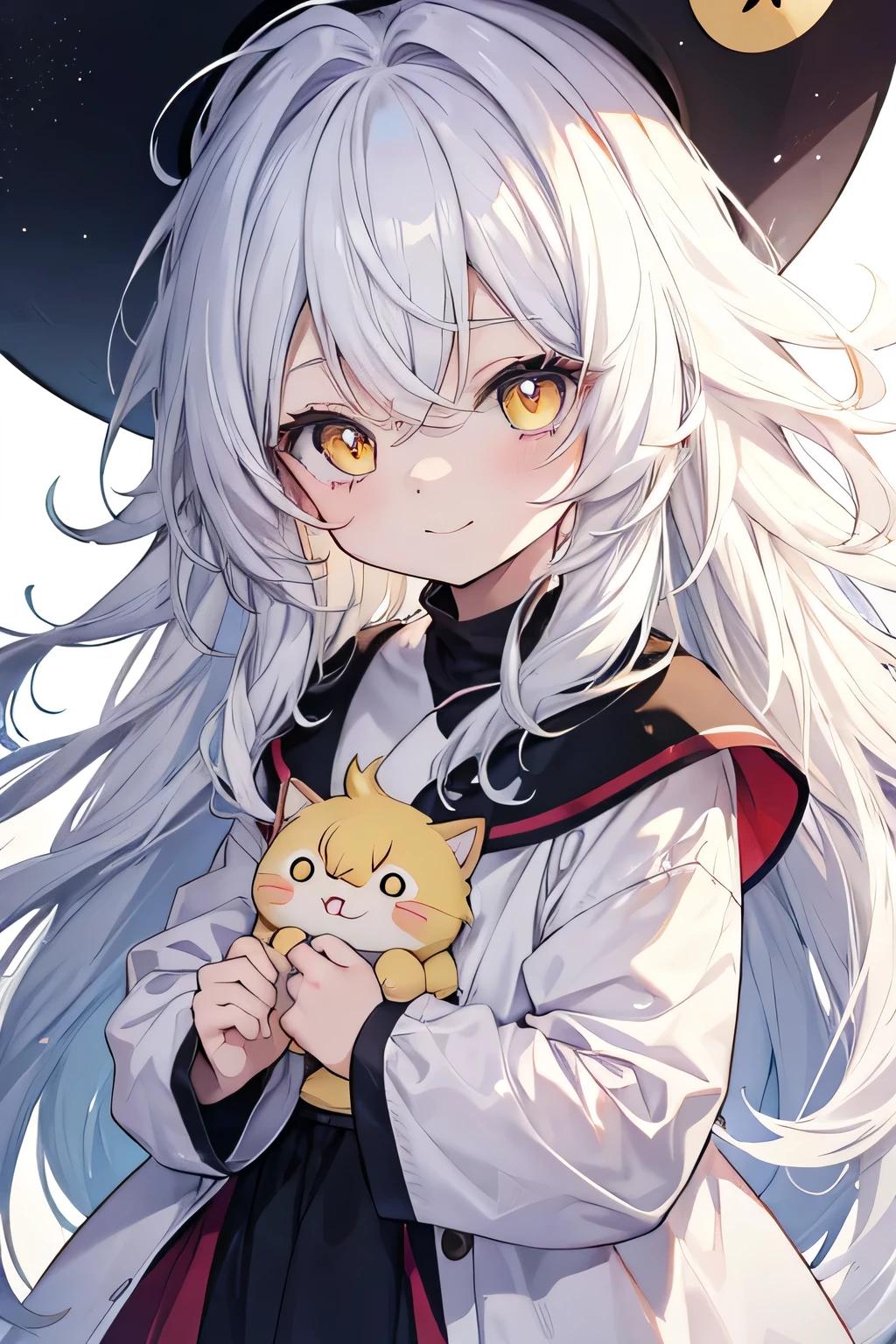 anime toddler, cute anime toddler, smiling, white hair, long hair, messy hair, big eyes, yellow eyes