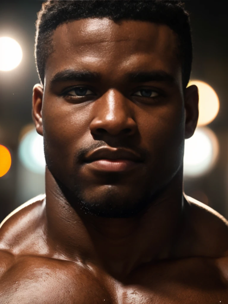 extreme close-up, close-up on face, solo, black male, 24yo strongman, shiny eye, confident, beefy, thick lips (curly, shaved), romantic, handsome, (sharp focus, soft lighting, film photography, photorealistic, hyperreal),