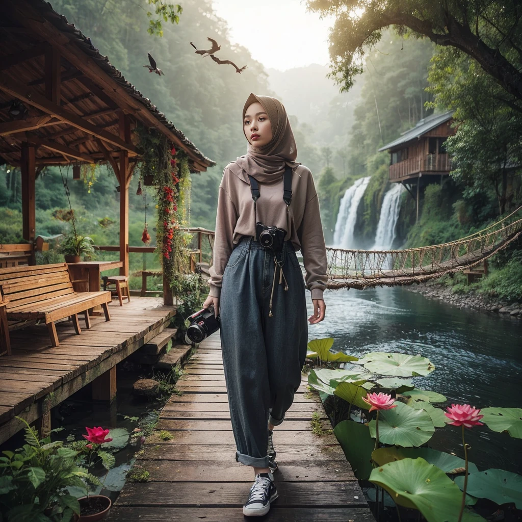 make an original photo of a beautiful young Malay woman with a clean and soft face,Wear long clothes ,casual pants ,Hijab , wearing sneakers ,standing pose /walking full body while holding the camera 📷,beautiful natural scenery background, river, waterfall , log cabin, bridge,river air bening ,there are green plants,flower ,red betel plant, Lotus , there is a swing ,flying bird, realistis HD high-quality photography, high focus, long shoot cinematic,32k. 