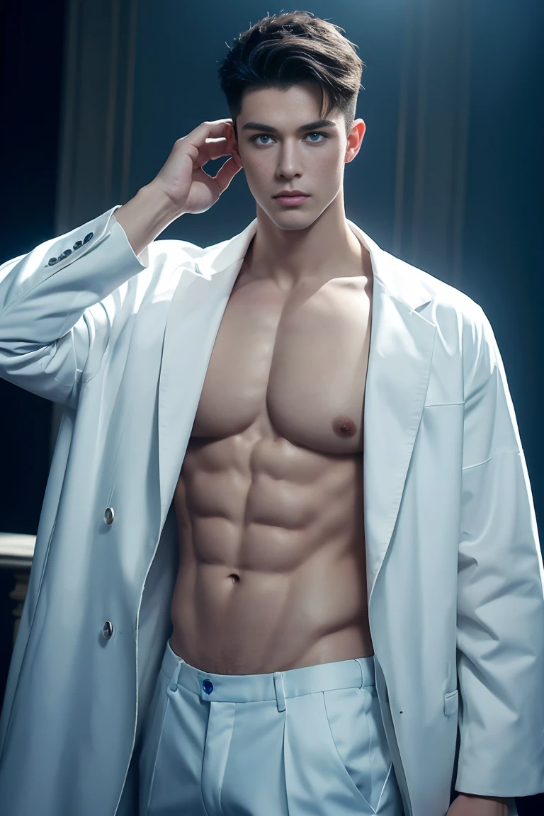 Ultra wide angle,((masterpiece)),((best quality)),8K,High Detail,Very detailed, (2 handsome muscular boys),Very manly,blue eyes,Stylish short hair,Vivid male image, Fashion pose, masculine expression,Real skin texture, Perfect hand details,Light,
Royal blue style couple,White male model photos