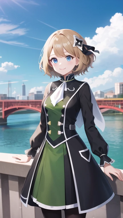 masterpiece, best quality, highres, ddserena, solo, short hair, hair ornament, hair ribbon, eyelashes, blue eyes, white ascot, multicolored dress, black dress, green dress, long sleeves, white pantyhose, blue sky, smile, city, standing, cowboy shot, bridge,ms,
