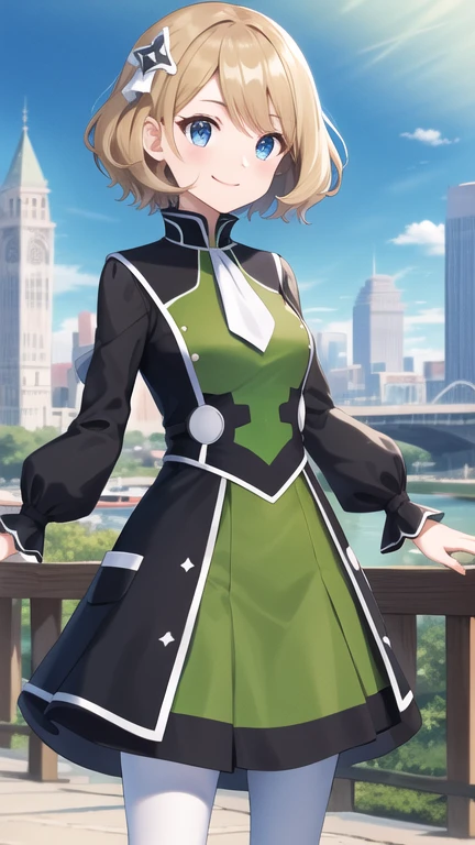 masterpiece, best quality, highres, ddserena, solo, short hair, hair ornament, hair ribbon, eyelashes, blue eyes, white ascot, multicolored dress, black dress, green dress, long sleeves, white pantyhose, blue sky, smile, city, standing, cowboy shot, bridge,ms,
