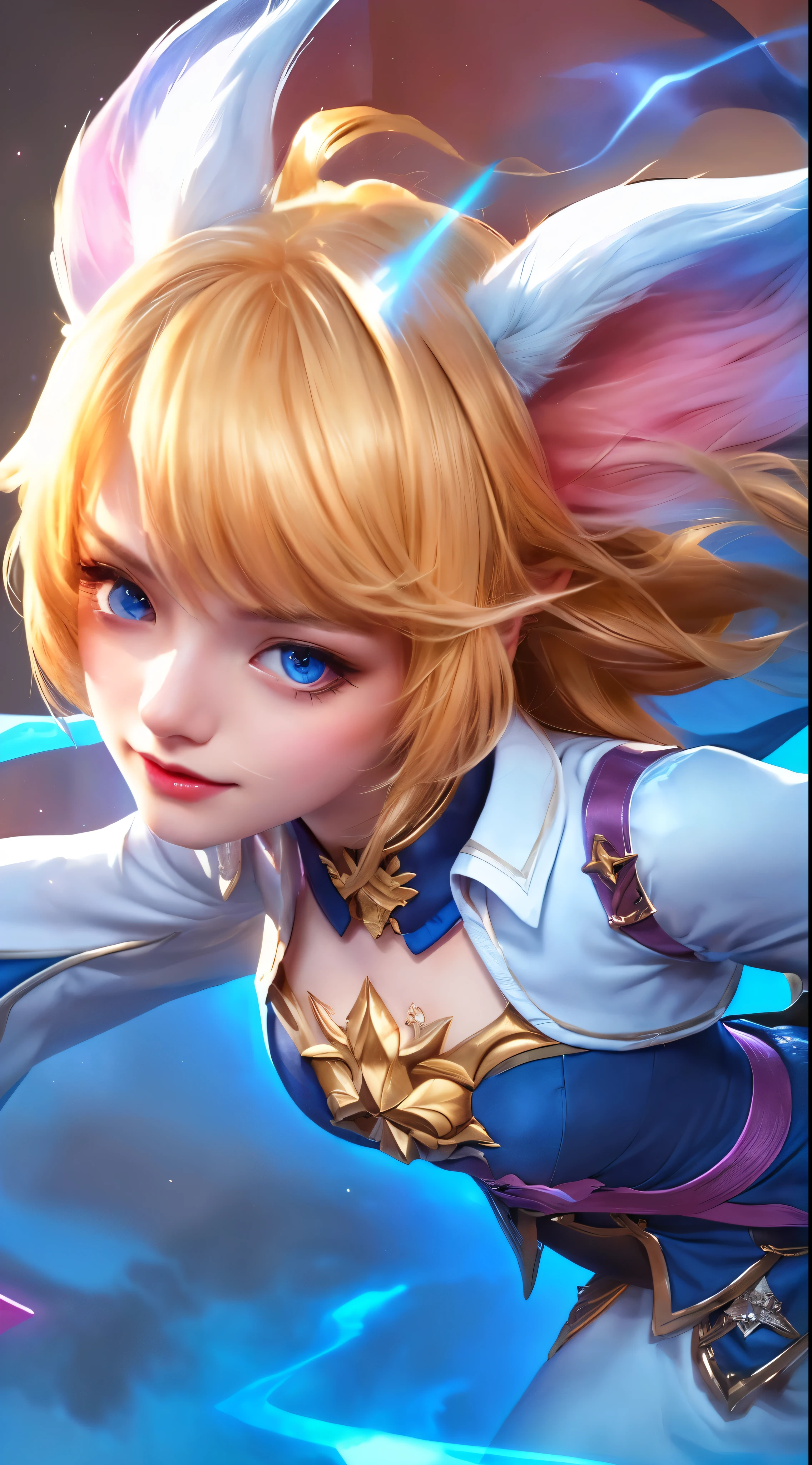 a close up of a young girl with blonde hair and white cat ears, beautiful detailed eyes, beautiful detailed lips, smile, extremely detailed eyes and face, long eyelashes, star guardians, portrait knights of zodiac girl, beautiful celestial mage, digital art, detailed fantasy portrait, cinematic lighting, ethereal, vibrant colors, intricate detail, dramatic atmospheric, masterpiece, ultra-detailed, photorealistic, cinematic, octane render, dramatic lighting, vibrant colors, fantasy, magical