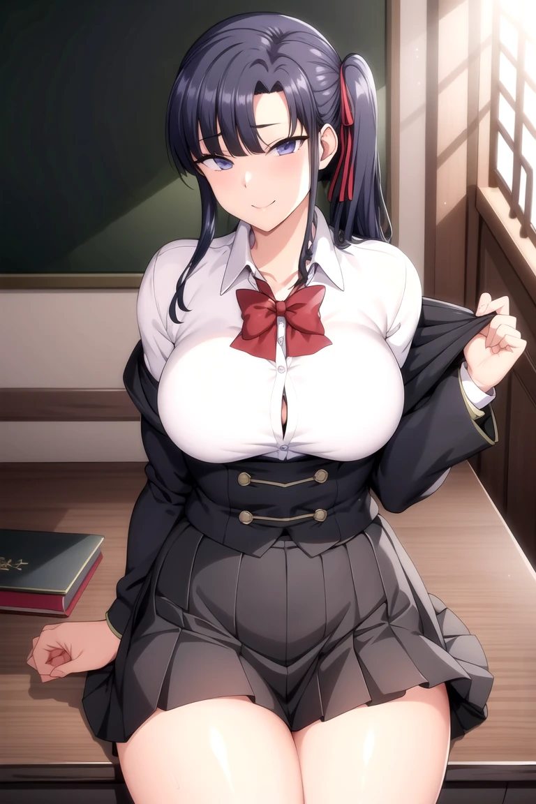 masterpiece, Highest quality, Very detailed , MyjmSkr-KJ, Black Skirt, View your viewers, smile, Pleated skirt, Collared shirt, Long sleeve, classroom、Spread your legs、Mature Woman