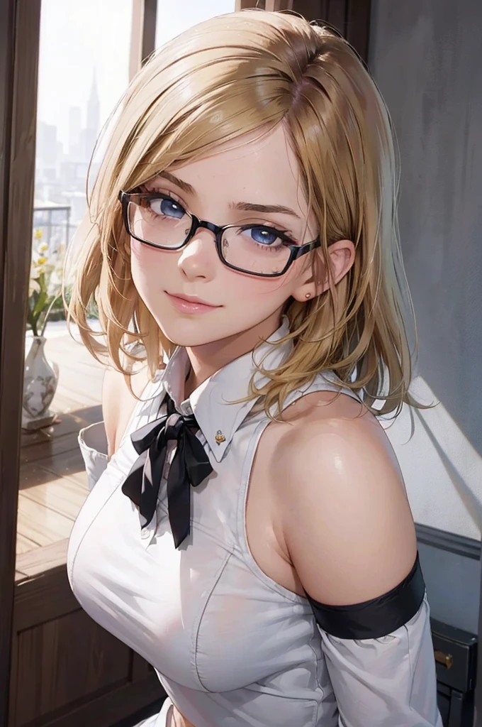 1girl, solo, blonde, bobcut, cute, bright pupils, glasses, sweater, RAW photo, (high detailed skin:1.2), 8k UHD, DSLR, soft lighting, high quality, film grain, Fujifilm XT3, RAW candid cinema, 16mm, color graded portra 400 film, remarkable color, ultra realistic, remarkable detailed pupils, shot with cinematic camera, NSFW