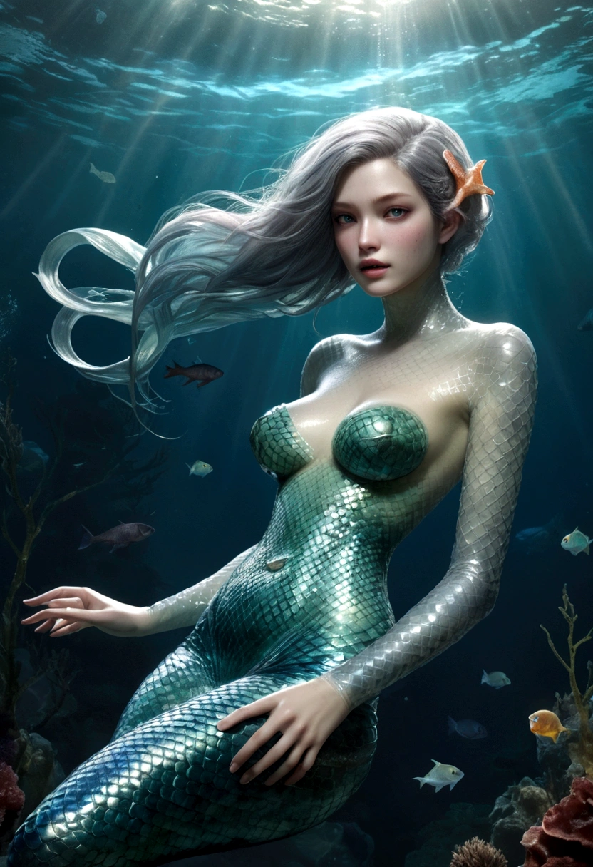 A mermaid covered entirely in a thin membrane、Highest quality、Mermaids kissing and fusing、resident evil、Horror taste、Covered by a translucent amniotic sac、Smooth clear skin and feet、born々Fresh fish fins