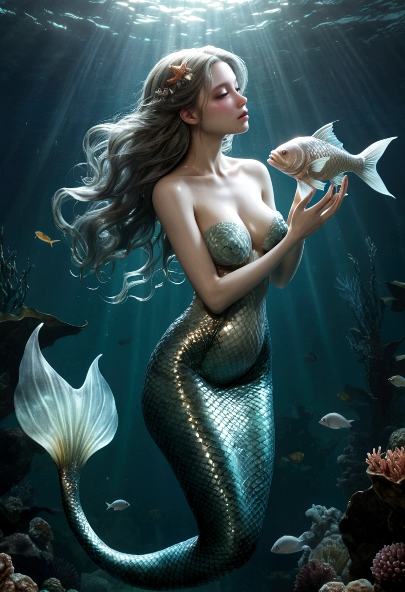 A mermaid covered entirely in a thin membrane、Highest quality、Mermaids kissing and fusing、resident evil、Horror taste、Covered by a translucent amniotic sac、Smooth clear skin and feet、born々Fresh fish fins