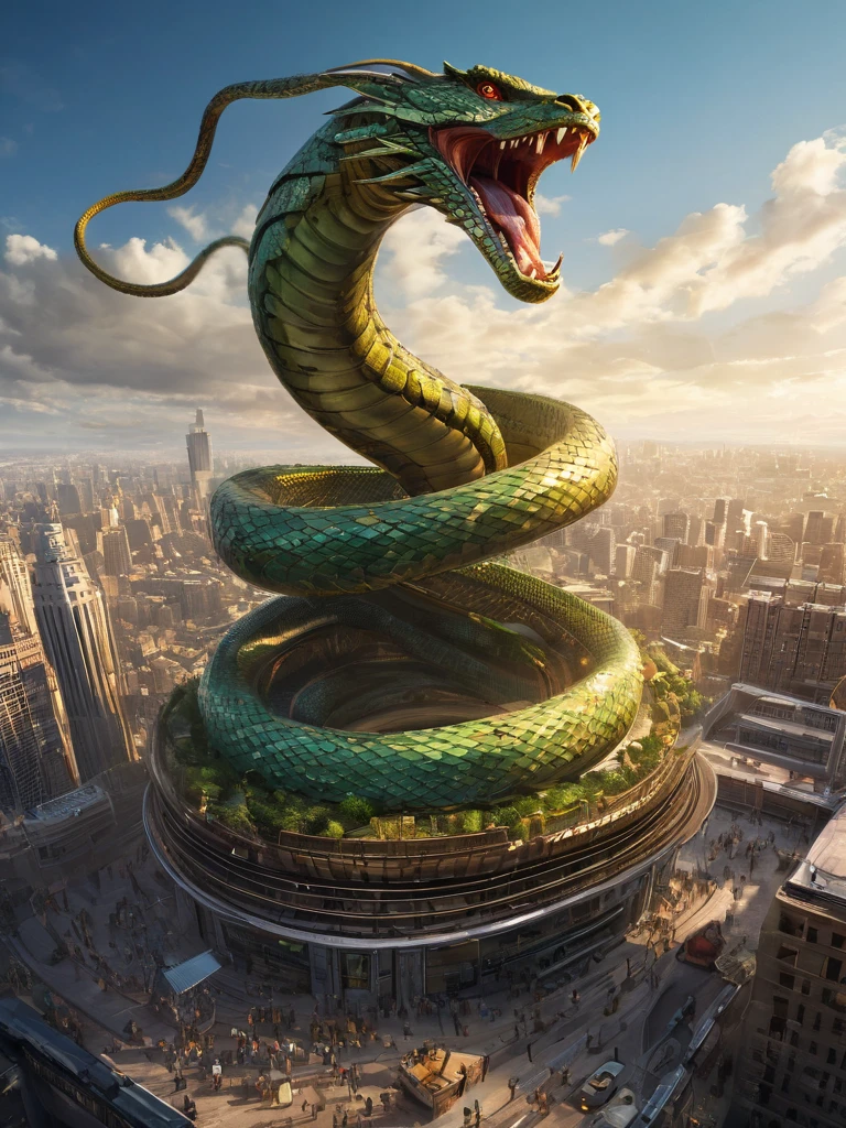 Immerse yourself in the mesmerizing world of fantasy and power with this captivating prompt for a digital artwork of a gigantic serpent, coiling around a towering skyscraper, with minuscule references to humanity, symbolizing their vulnerability in the face of nature's power. The composition captures the majestic nature of the serpent, with its scales glistening in the sunlight as it wraps around the building. The tiny figures of people on the ground, going about their daily lives, serve as a poignant reminder of the fragile existence of humanity. The use of vibrant colors, intricate details, and a fantastical atmosphere transports the viewer to a realm where colossal creatures reign supreme. Created by renowned digital artist Boris Vallejo.