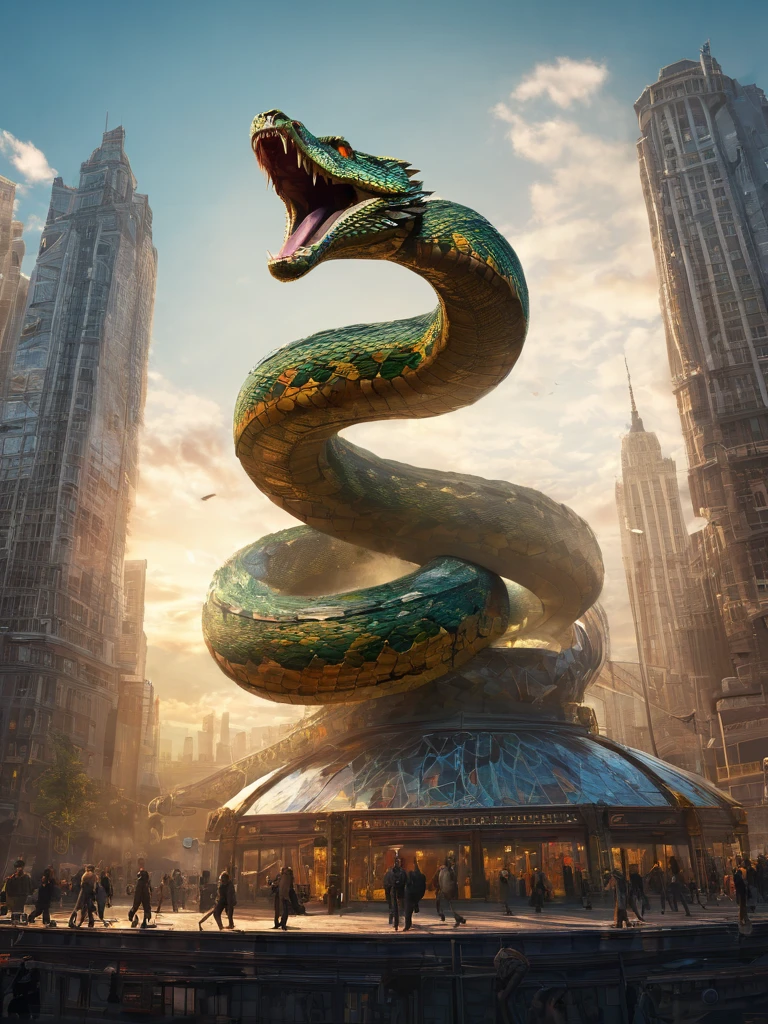 Immerse yourself in the mesmerizing world of fantasy and power with this captivating prompt for a digital artwork of a gigantic serpent, coiling around a towering skyscraper, with minuscule references to humanity, symbolizing their vulnerability in the face of nature's power. The composition captures the majestic nature of the serpent, with its scales glistening in the sunlight as it wraps around the building. The tiny figures of people on the ground, going about their daily lives, serve as a poignant reminder of the fragile existence of humanity. The use of vibrant colors, intricate details, and a fantastical atmosphere transports the viewer to a realm where colossal creatures reign supreme. Created by renowned digital artist Boris Vallejo.