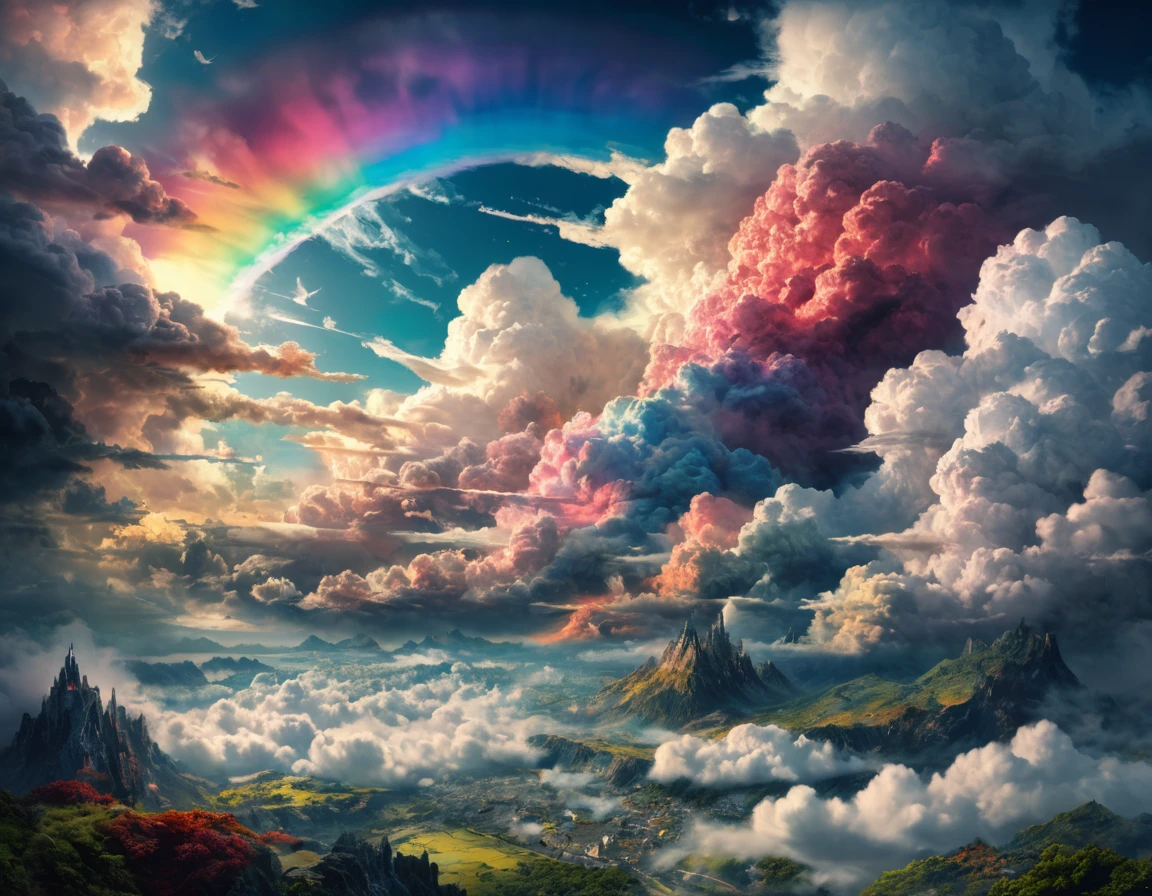8K, 超High resolution, High resolution, Cinematic, Cinematic image, Intricate details, Realistic, photograph,

Fantasy art style, Mysterious, （In the clouds：2）、All around me are clouds、You can't see the ground、虹がたくさんIn the cloudsでかかっている、Only clouds and rainbows、

Vibrant Style, Flowing and intermingling colors. Airbrush painting.

