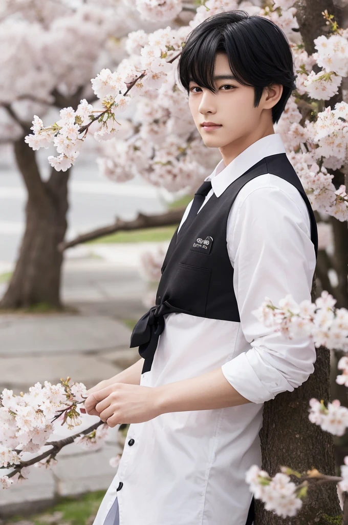 good looking male Black Hair white cherry blossoms