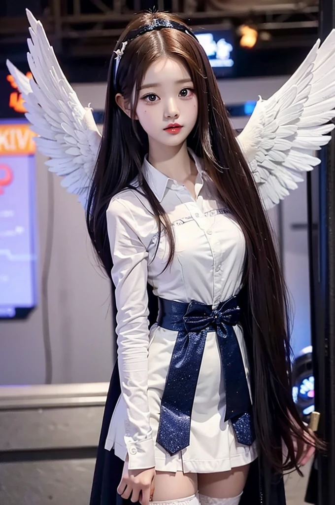 Cute Girl as Jang Wonyoung, cosplaying Stocking, with angel wings