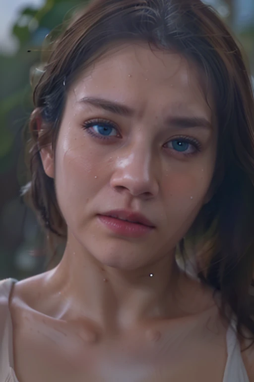 a beautiful girl with white skin, clear blue eyes, and brown hair, wearing a ripped one-piece dress that is clinging to her body as she emerges from the sea, her expression conveying a sense of sadness, her body defined and beautiful, (best quality,4k,8k,highres,masterpiece:1.2),ultra-detailed,(realistic,photorealistic,photo-realistic:1.37),HDR,UHD,studio lighting,ultra-fine painting,sharp focus,physically-based rendering,extreme detail description,professional,vivid colors,bokeh,portrait,photorealistic,dramatic lighting,moody,cinematic
