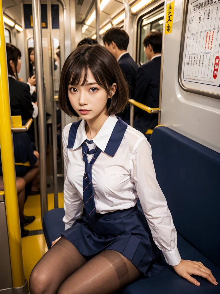 (in 8K、Raw photography、Highest Quality、realisitic、Photorealsitic、Professional Lighting、​masterpiece、extremely delicate and beautiful、Highly detailed、finely detail、ultra-detailliert、hight resolution、full-shot)、Several men were huddled on the train、1girl in、1 high school girl in uniform、Beautiful face:1.5、slim proportions、Colossal tits:ung man in suit、Hug her from behind:1.5、Other young men flipping up skirts、I can see my panties、Draw in clear detail whose hand it is、((( are visible)))、(((The nipple is visible)))、(((Upper body naked)))、(((Lower body naked)))、(((barechested)))、Eyes open:3、moaning in pain、feeling in pain、auw、Following the pain、moaning in pain、Pain in the face frowning、I'm looking at you、(((On the train:1.5)))、(((hi-school girl:1.5)))、(((Show underarms))), (((schoolgirl in school uniform:1.5)))、(((Shooting from above)))、(((Angle from above)))、(((laying on back)))、