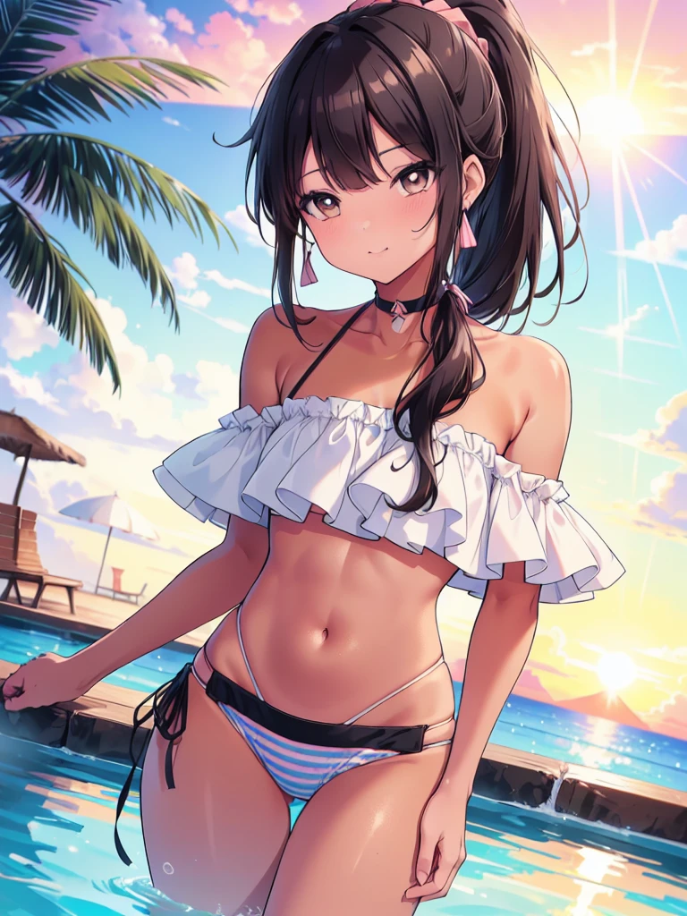 (cowboy shot), (ultra-high resolution, depth of field:1.2), 1woman, medium breasts, (tan skin:1.4), brown eyes, (long straight black hair), ponytail, bangs, off-shoulder bikini, light pink bikini, light blue chocker, (light blue stripes), tight strap, gentle smile, pool, sunset