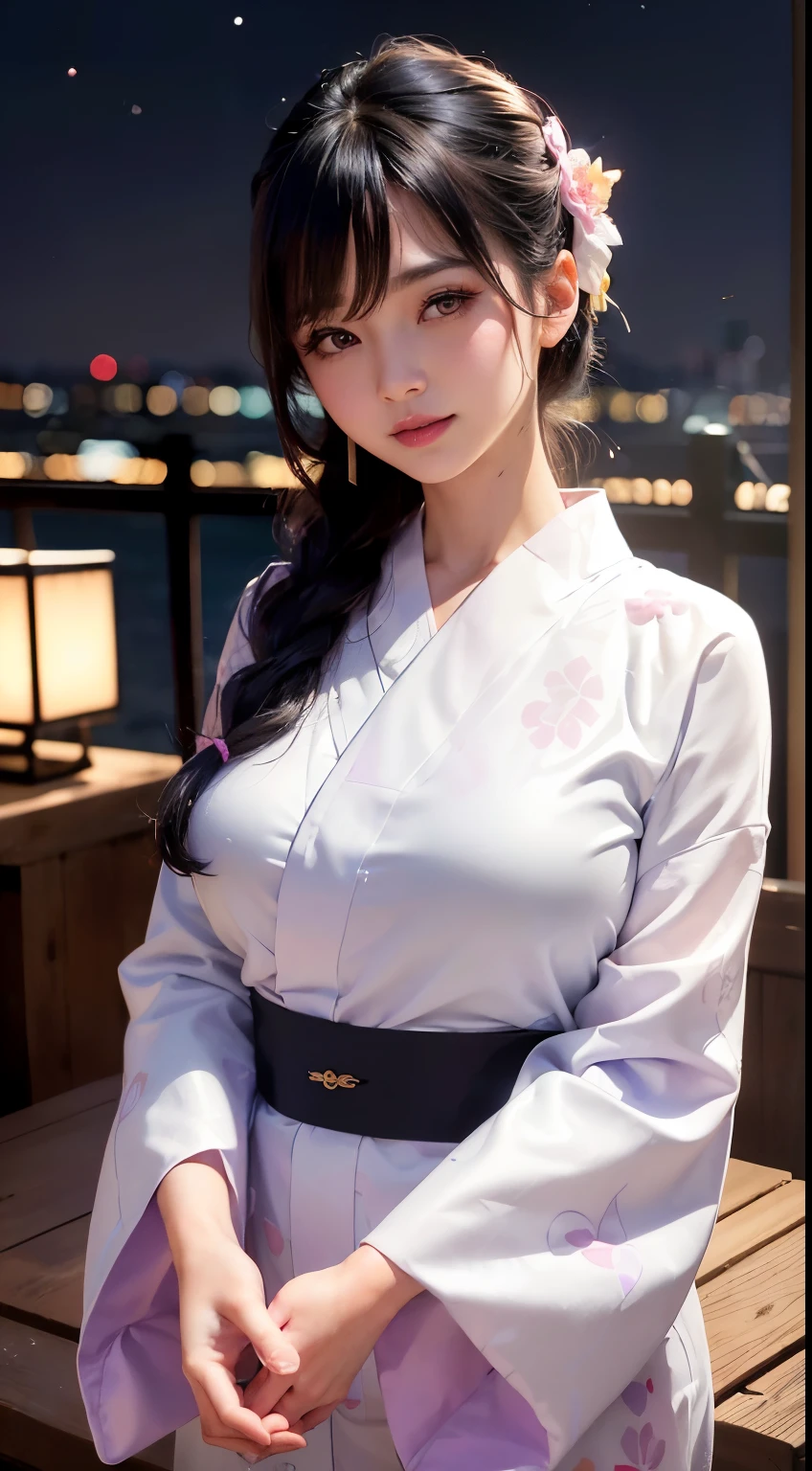 (logo、masterpiece、8K、Tabletop、RAW Photos、wonderful、最high quality、フォトリアリスティックでVery detailedな CG 複合 8K 壁紙、high quality、Very detailed、Narrative poem、Particle Effects、Dynamic Effects、Depth of the Boundary、Cinematic Light、Lens flare、Ray Tracing）、 (One beautiful woman wearing a yukata、White yukata、Light purple pattern)、Black-haired、High definition skin、Very fine、Fine skin texture、Beautiful Face、True Face、Beautiful details in the eyes、Realistic eyes、Beautifully detailed eyes、Realistic Skin、Beautiful Skin、Surreal、Smiling Eyes、Hair and light eyes、vivid、Colorful lights and bokeh、plump lower lip、Pink Lips、Hair flutters in Wind、Hair bounces、wonderful景色、night、evening、Wind、moonlight、moonlight、light