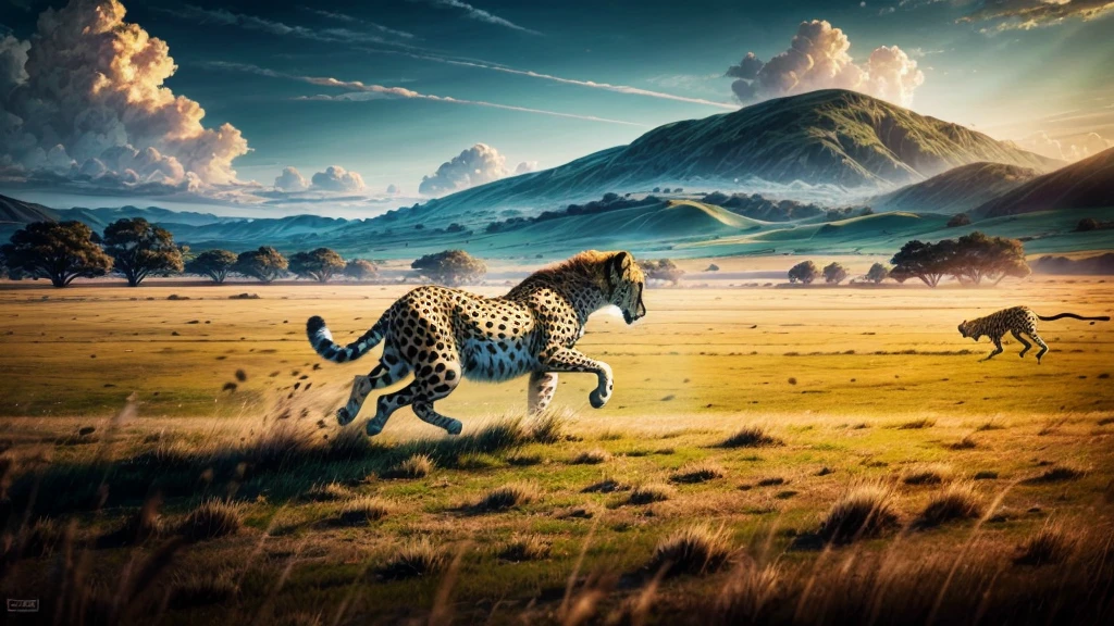a cheetah running through the grasslands, extremely detailed, realistic, photorealistic, 8k, best quality, hyper detailed, highly detailed, vibrant colors, dramatic lighting, dynamic motion blur, lush green grass, seamless environment, majestic sky, cinematic composition, powerful animal, incredible detail