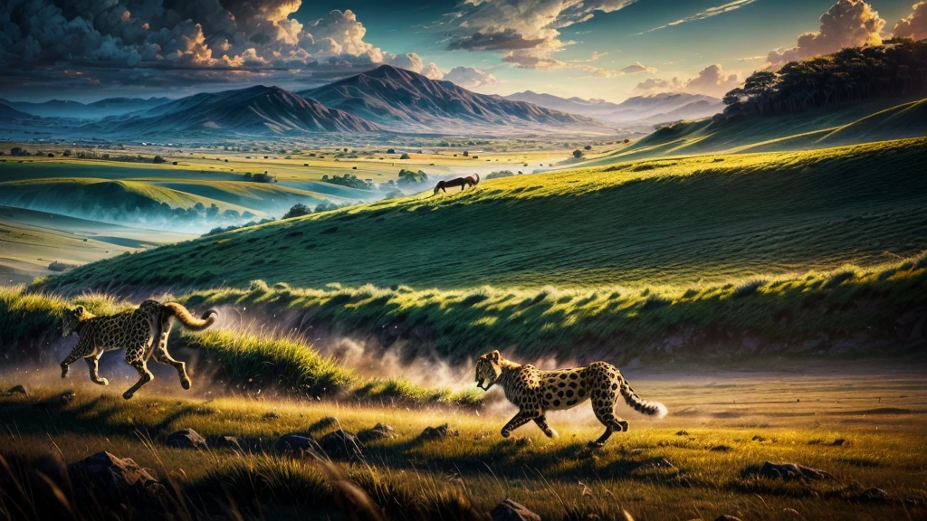a cheetah running through the grasslands, extremely detailed, realistic, photorealistic, 8k, best quality, hyper detailed, highly detailed, vibrant colors, dramatic lighting, dynamic motion blur, lush green grass, seamless environment, majestic sky, cinematic composition, powerful animal, incredible detail