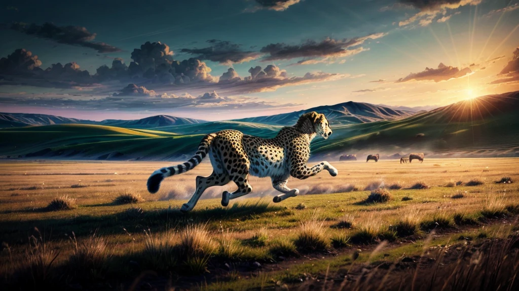 a cheetah running through the grasslands, extremely detailed, realistic, photorealistic, 8k, best quality, hyper detailed, highly detailed, vibrant colors, dramatic lighting, dynamic motion blur, lush green grass, seamless environment, majestic sky, cinematic composition, powerful animal, incredible detail