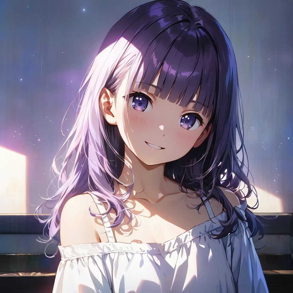 (Cute a girl:1.5), (Off-the-shoulder white T-shirts, black sarouel pants:1.1),(masterpiece:1.3), anime visual, (Lovey-dovey:1.5), (tilt head:1.3), extremely delicate face, realistic lighting and shading, (an extremely delicate and beautiful art:1.3),,smiling,pale purple wavy and blunt bangs hair,green and black eyes,smiling,from front,fullbody shot,full body shot,