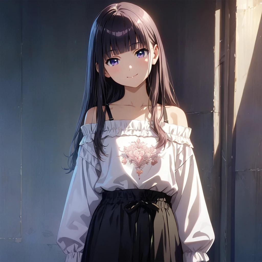 (Cute a girl:1.5), (Off-the-shoulder white T-shirts, black sarouel pants:1.1),(masterpiece:1.3), anime visual,  (Lovey-dovey:1.5), (tilt head:1.3), extremely delicate face, realistic lighting and shading, (an extremely delicate and beautiful art:1.3),15 years old,smiling,pale purple wavy and blunt bangs hair,green and black eyes,smiling,from front,fullbody shot,full body shot,