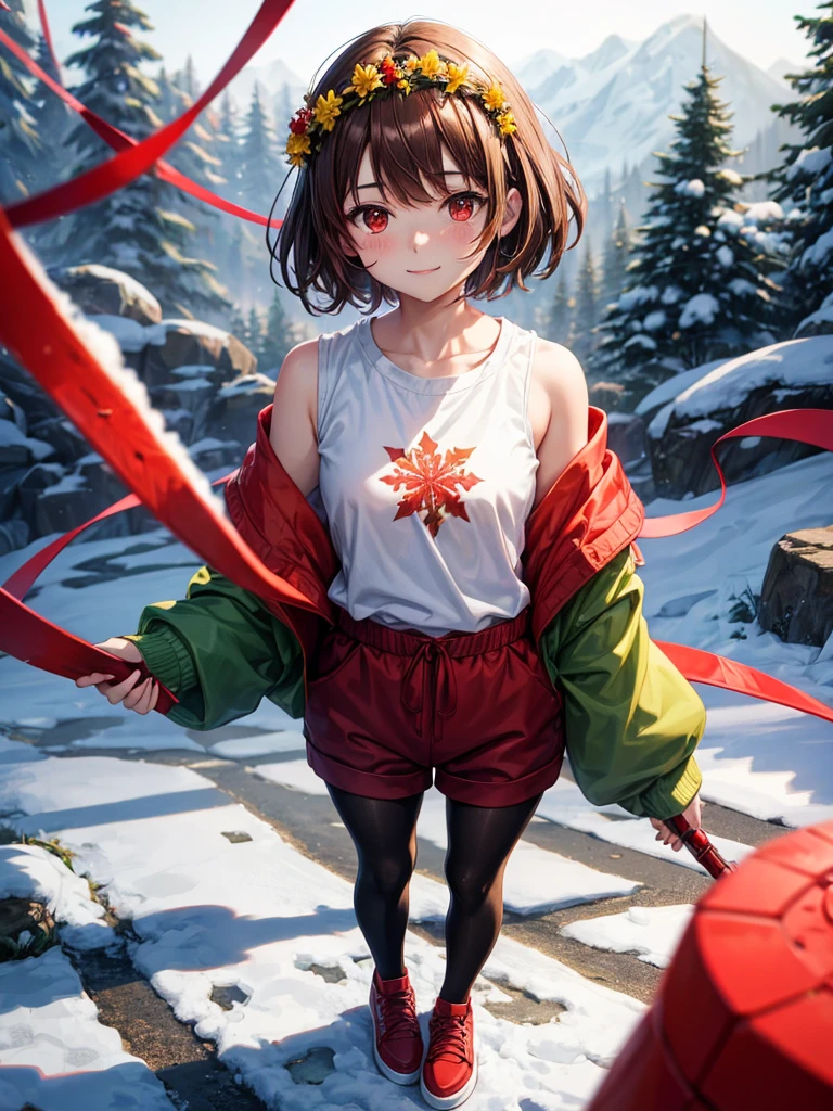 Anime, 1girl, brown hair, short hair, red eyes, green sweater, white shirt, brown shorts, red shoes, black tights, red knife, yellow flower crown, slight smile, snow, snowflakes,