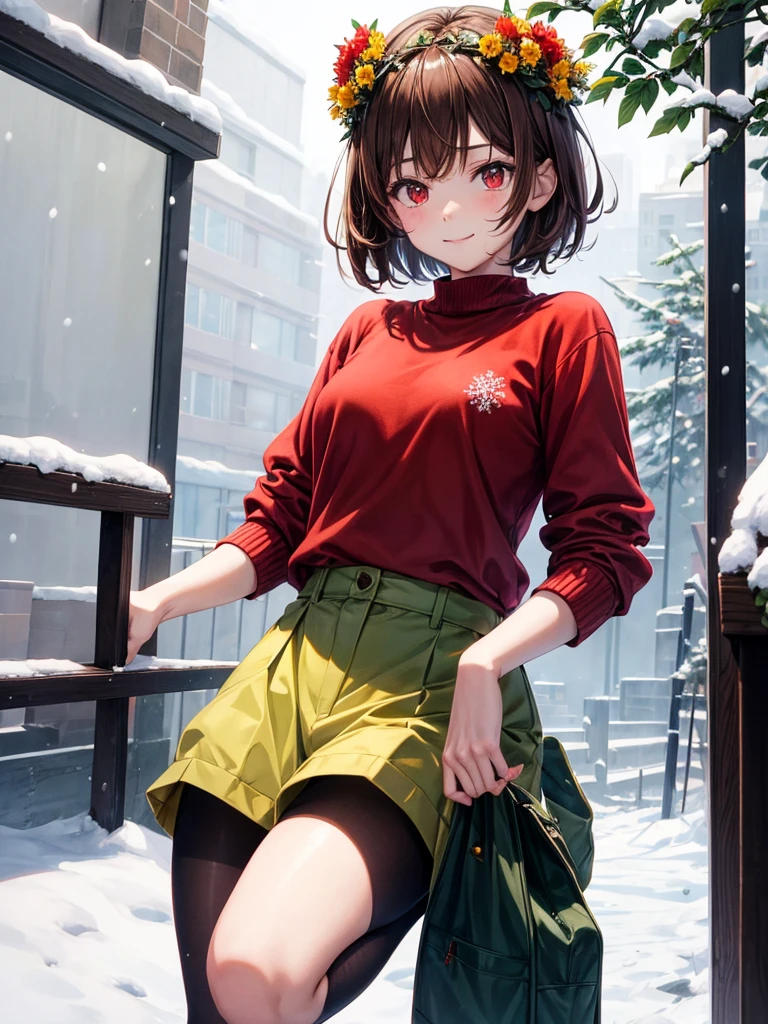 Anime, 1girl, brown hair, short hair, red eyes, green sweater, white shirt, brown shorts, red shoes, black tights, red knife, yellow flower crown, slight smile, snow, snowflakes,