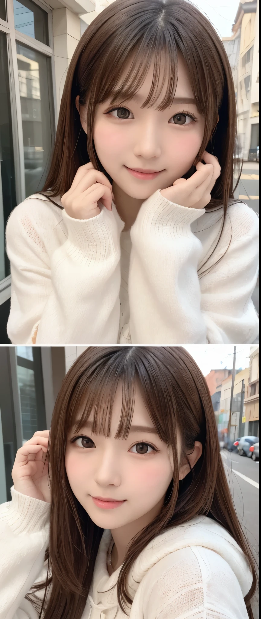 one girl, (a beauty girl, delicate girl:1.3), (16 years old:1.3),
BREAK, Cute long sleeve winter clothes,BREAK with hands on cheeks,Cute pose、 very fine eye definition, (symmetrical eyes:1.3),
BREAK, Winter Park,
BREAK, small breasts, brown eyes, parted bangs, brown long hair,  girl,Gentle Smile BREAK, (eyes and faces with detailed:1.0),
BREAK, (masterpiece, best quality, ultra detailed, detailed face, 8K)