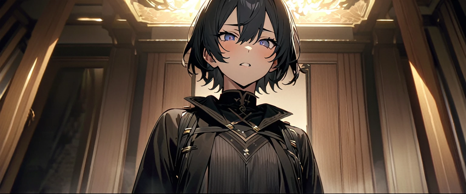 (((masterpiece,Highest quality))),(((Have a base黒色のツーブロックヘアスタイルと黒い目をした中世紳士風ヴィジュアル系の衣装を着たのアニメキャラクターの男性))),((Have a base)),(((Standing politely in a Western-style room))),Focus on the upper body,(high quality),アニメ
