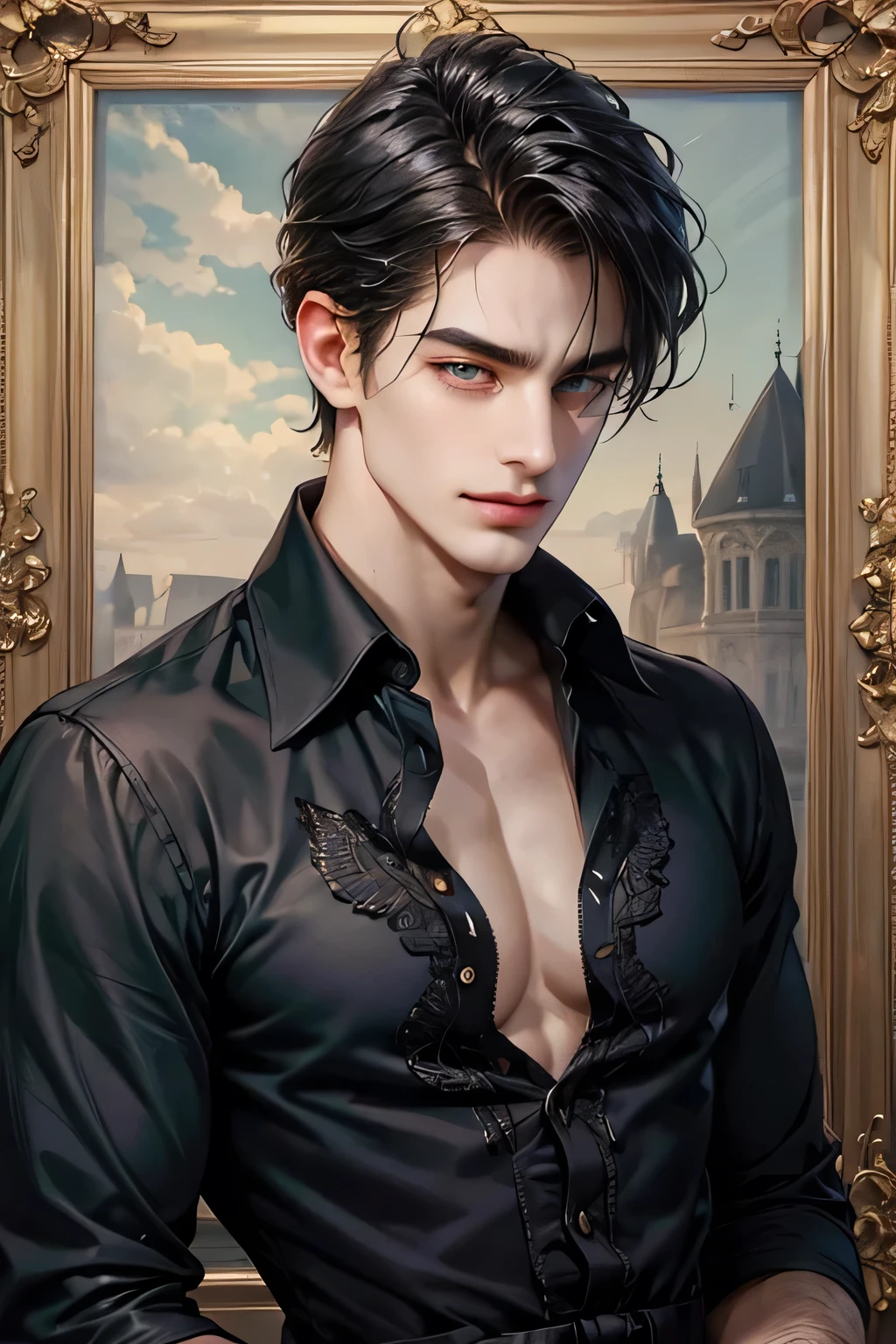 (masterpiece, best quality:1.2), (absurd res, high res, ultra detailed), 1 male, adult, handsome, tall muscular guy, broad shoulders, shiny black hair, finely detailed eyes, portrait, looking at viewer, solo, half shot, detailed background, detailed face, (gothic), high fantasy, Molten grey eyes, scar on right eyelid, smirk, look at camera, blouse, simple clothing, open chest, shirt unbuttoned