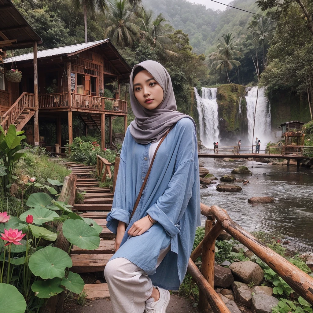 make an original photo of a beautiful young Malay woman with a clean and soft face,Wear long clothes ,casual pants ,Hijab , wearing sneakers ,standing pose /walking full body while holding the camera 📷,beautiful natural scenery background, river, waterfall , log cabin, bridge,river air bening ,there are green plants,flower ,red betel plant, Lotus , there is a swing ,flying bird, realistis HD high-quality photography, high focus, long shoot cinematic,32k. 