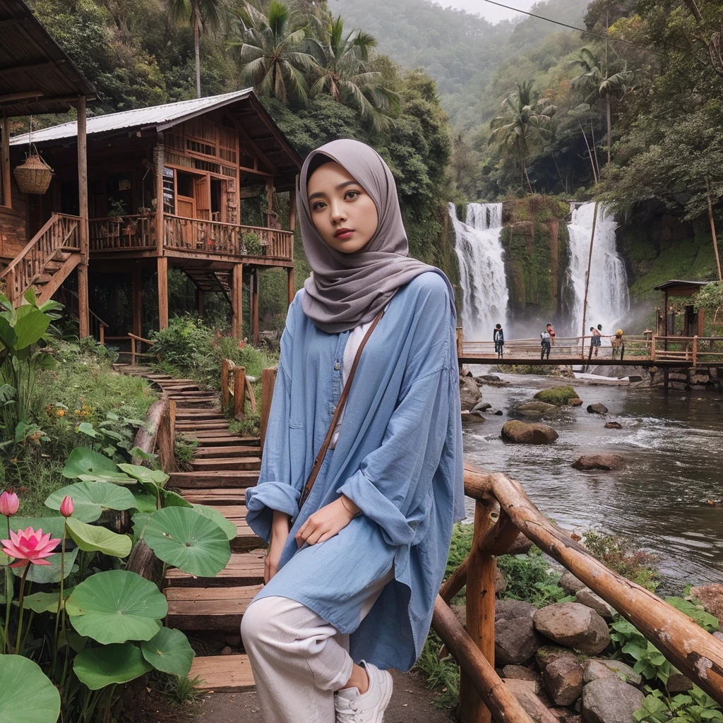 make an original photo of a beautiful young Malay woman with a clean and soft face,Wear long clothes ,casual pants ,Hijab , wearing sneakers ,standing pose /walking full body while holding the camera 📷,beautiful natural scenery background, river, waterfall , log cabin, bridge,river air bening ,there are green plants,flower ,red betel plant, Lotus , there is a swing ,flying bird, realistis HD high-quality photography, high focus, long shoot cinematic,32k. 