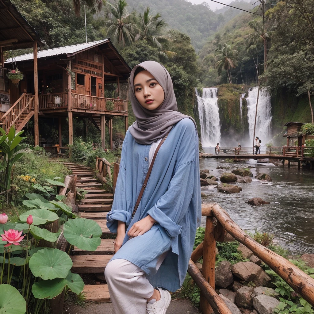 make an original photo of a beautiful young Malay woman with a clean and soft face,Wear long clothes ,casual pants ,Hijab , wearing sneakers ,standing pose /walking full body while holding the camera 📷,beautiful natural scenery background, river, waterfall , log cabin, bridge,river air bening ,there are green plants,flower ,red betel plant, Lotus , there is a swing ,flying bird, realistis HD high-quality photography, high focus, long shoot cinematic,32k. 