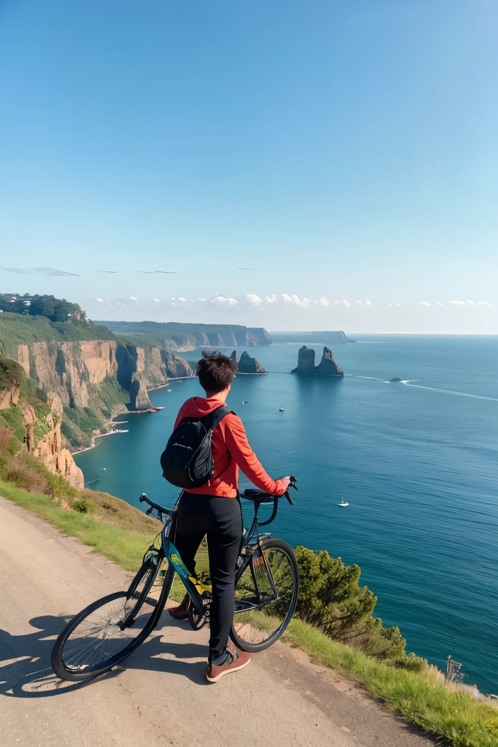A young man,There is a bicycle parked next to it,boy standing on cliff,Looking towards the sea,Grand View