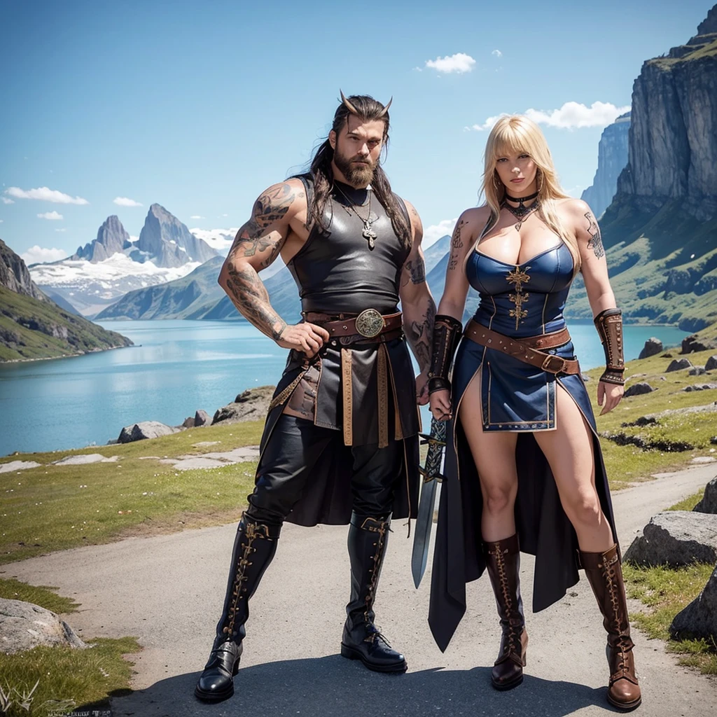 Black Viking left arm tattoo design, a full body muscular viking man, and beautiful blond woman showing big  without clouds, muscular legs, holding big sword with right hand, brown hair divided with bangs, perfect realistic blue eyes, wearing warrior leather shoes, wearing warrior boots, lake and mountains in the background.

